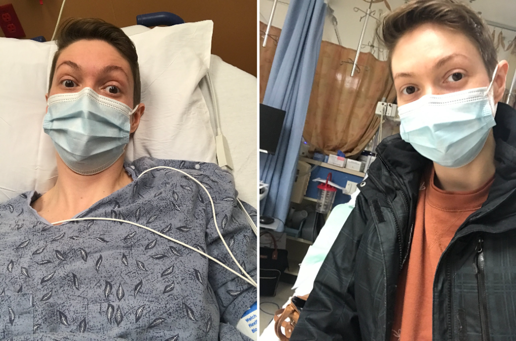 Erica Swallow at the hospital during her ectopic pregnancy emergency—one photo when she found out she's pregnant and one photo after the surgical removal of her Fallopian tube and pregnancy.